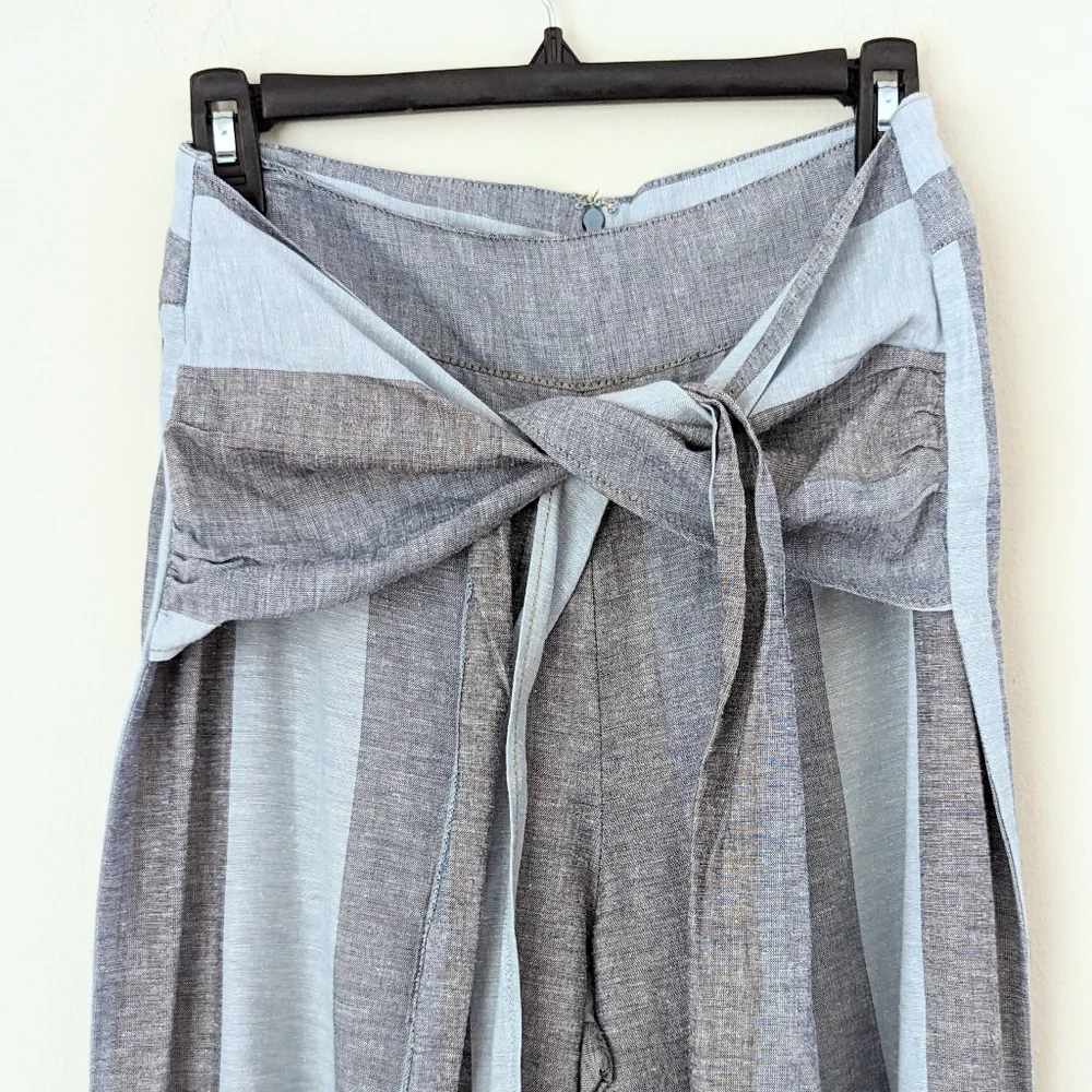 Venus Blue Stripe Wide Leg Light Airy Cotton Blend Pants, Tie Front Detail, 8 - Picture 2 of 7